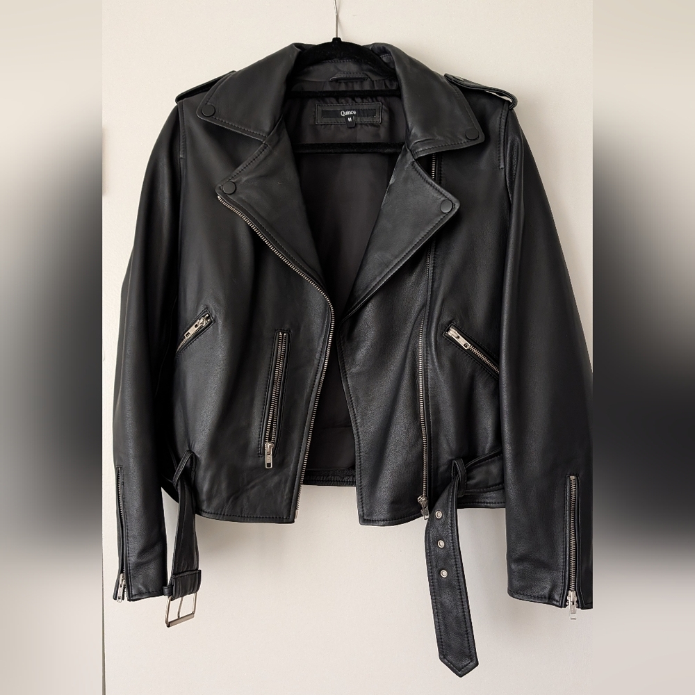Quince Black Leather Biker Jacket with Silver Hardware